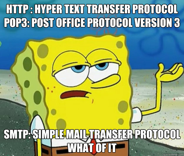 Http : Hyper Text Transfer Protocol
POP3: Post Office Protocol Version 3 SMTP: Simple Mail Transfer Protocol
What of it  Tough Spongebob