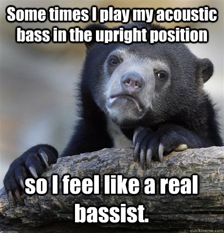 Some times I play my acoustic bass in the upright position so I feel like a real bassist.   Confession Bear