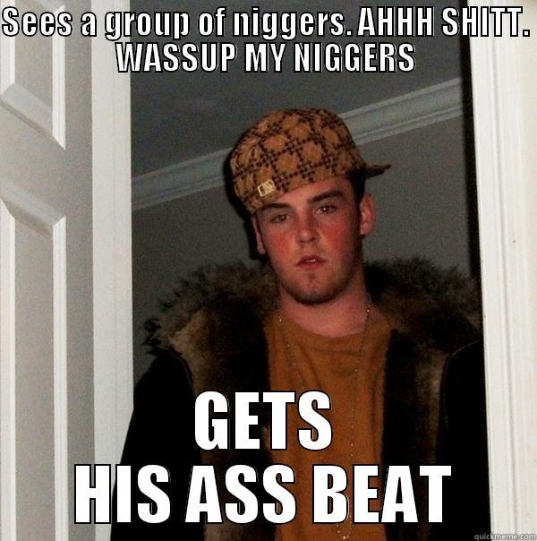 SEES A GROUP OF NIGGERS. AHHH SHITT. WASSUP MY NIGGERS GETS HIS ASS BEAT Scumbag Steve