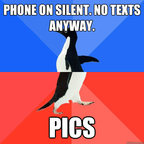 Phone on silent. No texts anyway. Pics  Socially Awkward Awesome Penguin