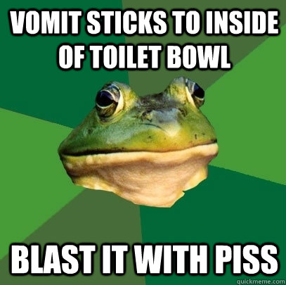 vomit sticks to inside of toilet bowl blast it with piss  Foul Bachelor Frog