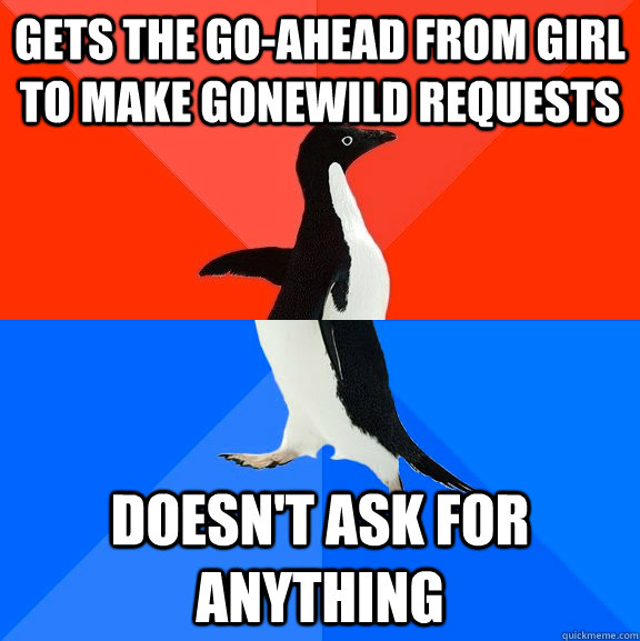 Gets the go-ahead from girl to make gonewild requests Doesn't ask for anything  Socially Awesome Awkward Penguin
