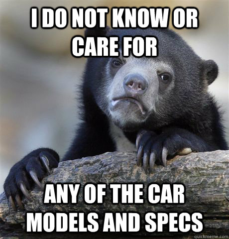 I do not know or care for any of the car models and specs - I do not know or care for any of the car models and specs  Confession Bear