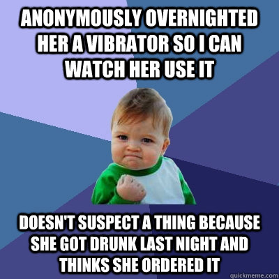 anonymously overnighted her a vibrator so I can watch her use it doesn't suspect a thing because she got drunk last night and thinks she ordered it  Success Kid