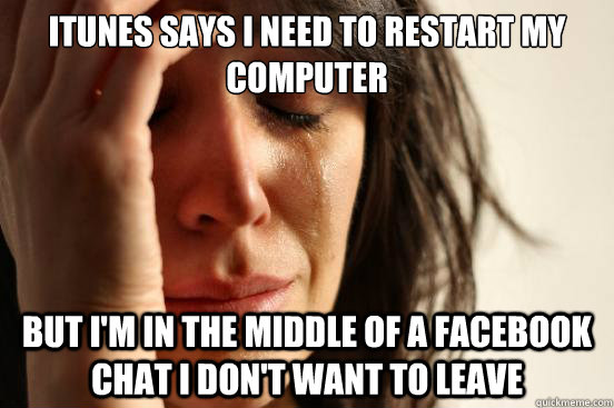 iTunes says I need to restart my computer but I'm in the middle of a facebook chat i don't want to leave  First World Problems