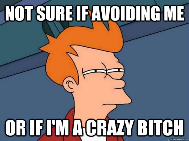 Not sure if avoiding me Or if I'm a crazy bitch - Not sure if avoiding me Or if I'm a crazy bitch  Futurama Fry