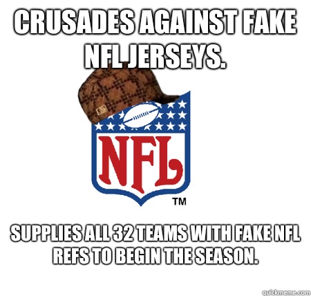 Crusades against fake NFL jerseys. Supplies all 32 teams with fake NFL refs to begin the season. 
  