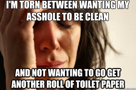 I'm torn between wanting my asshole to be clean and not wanting to go get another roll of toilet paper  First World Problems
