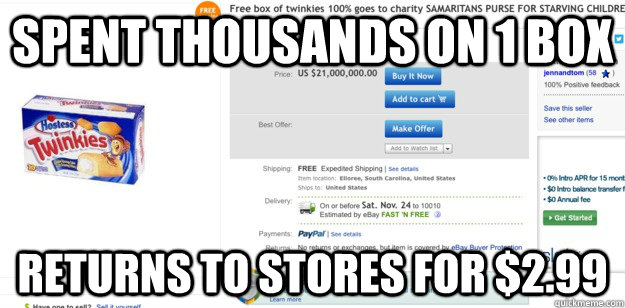 Spent Thousands on 1 Box Returns to Stores for $2.99  Twinkie Meme
