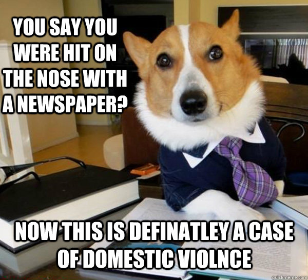 you say you were hit on the nose with a newspaper? now this is definatley a case of domestic violnce  Lawyer Dog