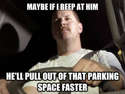 maybe if i beep at him he'll pull out of that parking space faster  Road Rage Ron