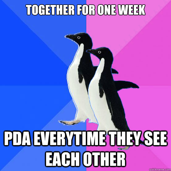 Together for one week PDA everytime they see each other - Together for one week PDA everytime they see each other  Socially Awkward Couple