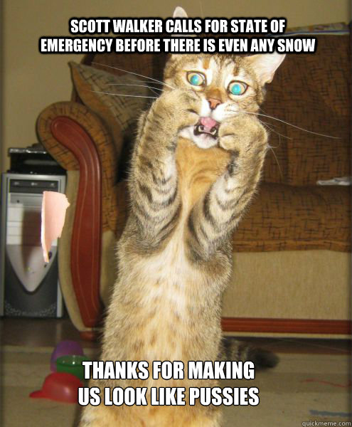 Scott Walker calls for state of emergency before there is even any snow Thanks for making us look like pussies  Aghast Cat Pounce