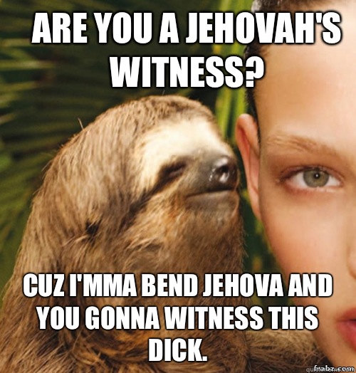 Are you a Jehovah's Witness? Cuz I'mma bend Jehova and you gonna witness this dick.   rape sloth