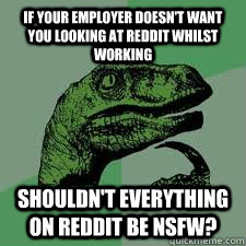 If your employer doesn't want you looking at Reddit whilst working Shouldn't everything on Reddit be NSFW? - If your employer doesn't want you looking at Reddit whilst working Shouldn't everything on Reddit be NSFW?  Bo Philosorapter