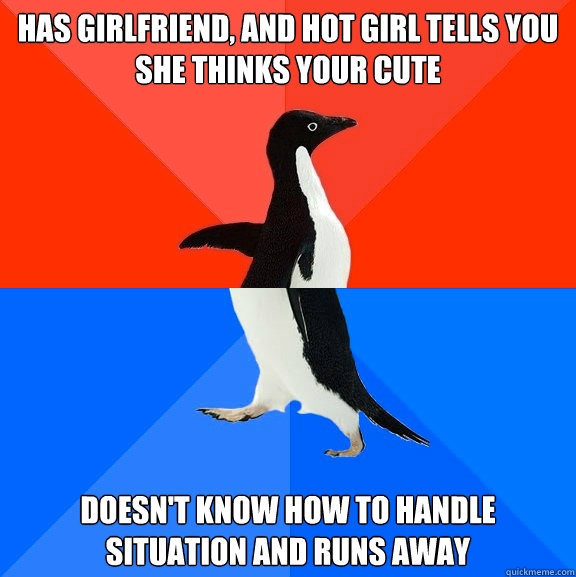 Has Girlfriend, and hot girl tells you she thinks your cute  Doesn't know how to handle situation and runs away  Socially Awesome Awkward Penguin