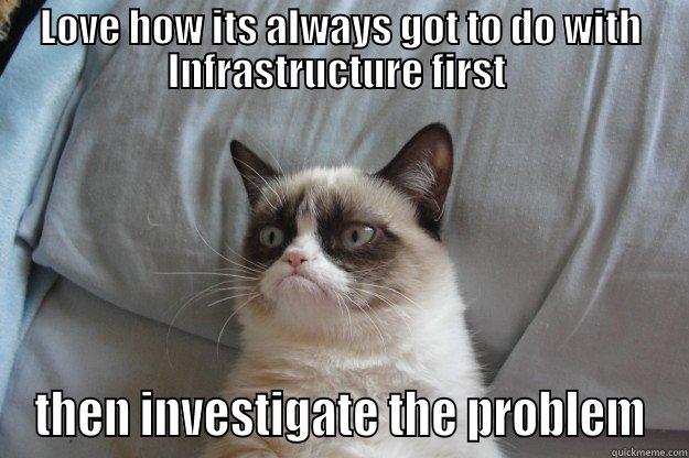 Love how its always got to do with Infrastructure first –  - LOVE HOW ITS ALWAYS GOT TO DO WITH INFRASTRUCTURE FIRST  THEN INVESTIGATE THE PROBLEM Grumpy Cat
