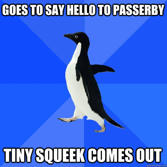 Goes to say hello to passerby tiny squeek comes out  Socially Awkward Penguin