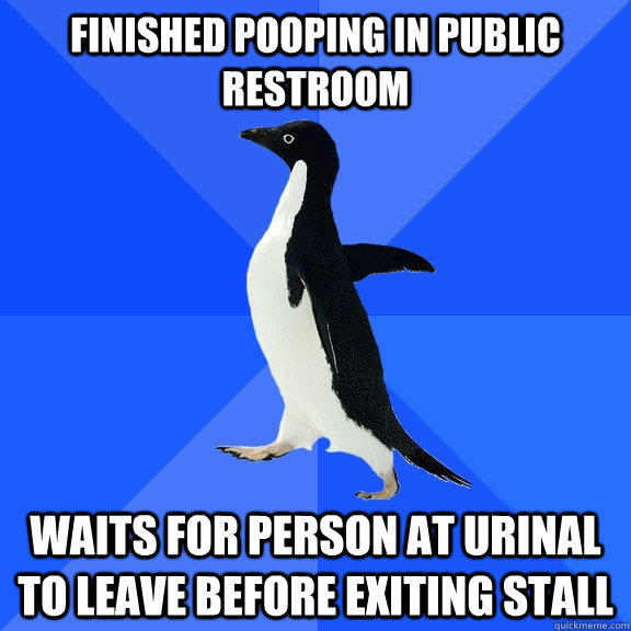 Finished pooping in Public Restroom waits for person at urinal to leave before exiting stall  