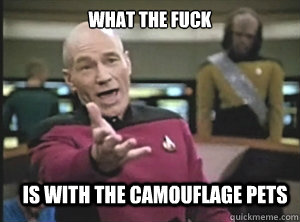 what the fuck is with the camouflage pets  Annoyed Picard