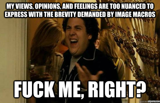 My views, opinions, and feelings are too nuanced to express with the brevity demanded by image macros fuck me, right?  fuckmeright