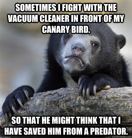 Sometimes I fight with the vacuum cleaner in front of my canary bird. So that he might think that I have saved him from a predator.  