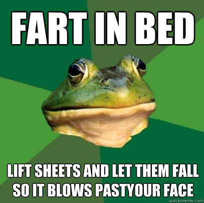 Fart in Bed Lift Sheets and let them fall so it blows pastyour face  Foul Bachelor Frog