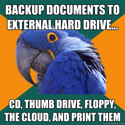 Backup documents to external hard drive... CD, Thumb Drive, Floppy, the cloud, and print them  Paranoid Parrot
