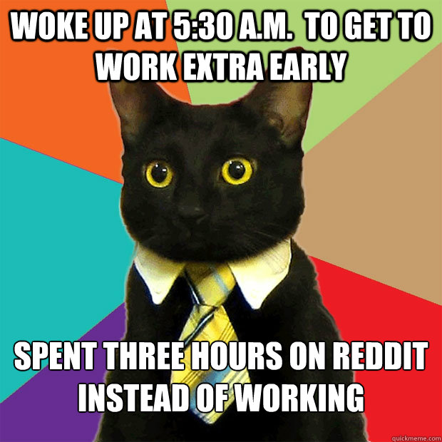 Woke up at 5:30 a.m.  to get to work extra early Spent three hours on Reddit instead of working  Business Cat