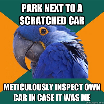 park next to a scratched car Meticulously inspect own car in case it was me  Paranoid Parrot