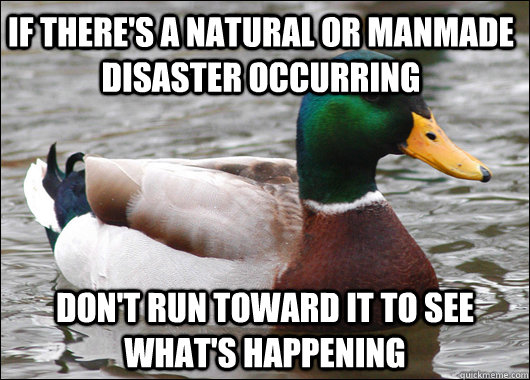 if there's a natural or manmade disaster occurring don't run toward it to see what's happening  Actual Advice Mallard