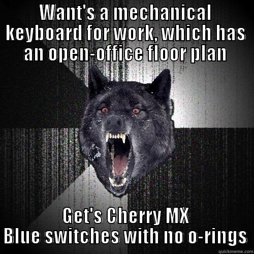 WANT'S A MECHANICAL KEYBOARD FOR WORK, WHICH HAS AN OPEN-OFFICE FLOOR PLAN GET'S CHERRY MX BLUE SWITCHES WITH NO O-RINGS Insanity Wolf
