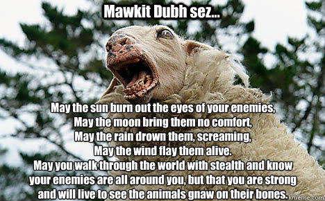 Mawkit Dubh sez... May the sun burn out the eyes of your enemies,
May the moon bring them no comfort,
May the rain drown them, screaming,
May the wind flay them alive.
May you walk through the world with stealth and know
your enemies are all around you, b  Angry sheep