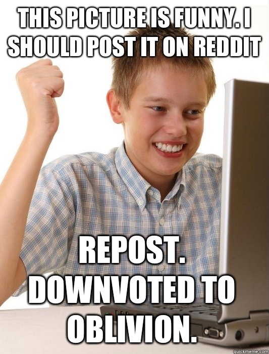 This picture is funny. I should post it on Reddit Repost. Downvoted to oblivion.   First Day on the Internet Kid