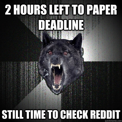 2 hours left to paper deadline still time to check reddit  Insanity Wolf