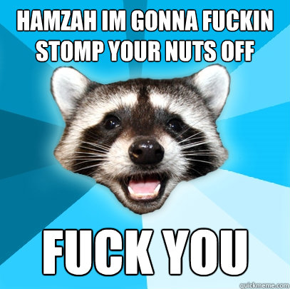 HAMZAH IM GONNA FUCKIN STOMP YOUR NUTS OFF FUCK YOU  Lame Pun Coon