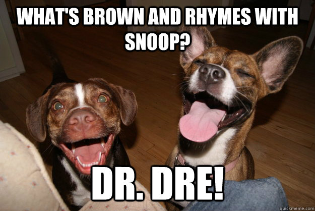 What's brown and rhymes with snoop? Dr. Dre!  Clean Joke Puppies