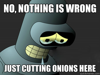 No, nothing is wrong  Just cutting onions here  - No, nothing is wrong  Just cutting onions here   Sad Bender