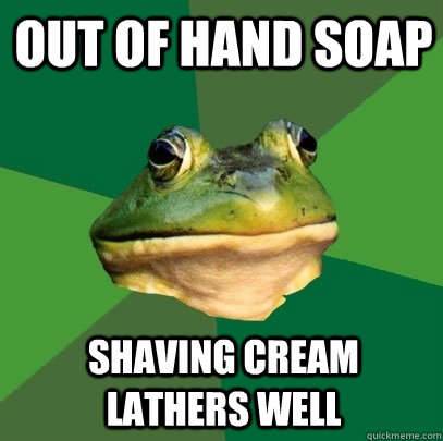 Out of hand soap Shaving cream lathers well  Foul Bachelor Frog