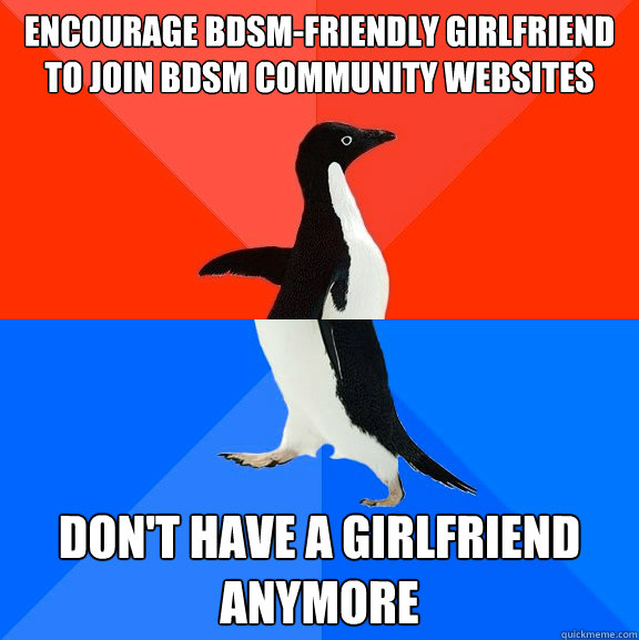 encourage BDSM-friendly girlfriend to join BDSM community websites Don't have a girlfriend anymore  Socially Awesome Awkward Penguin
