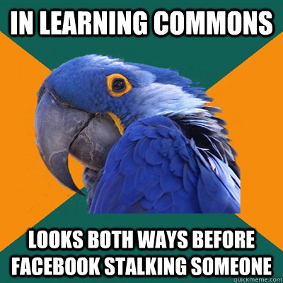 in learning commons looks both ways before facebook stalking someone  Paranoid Parrot