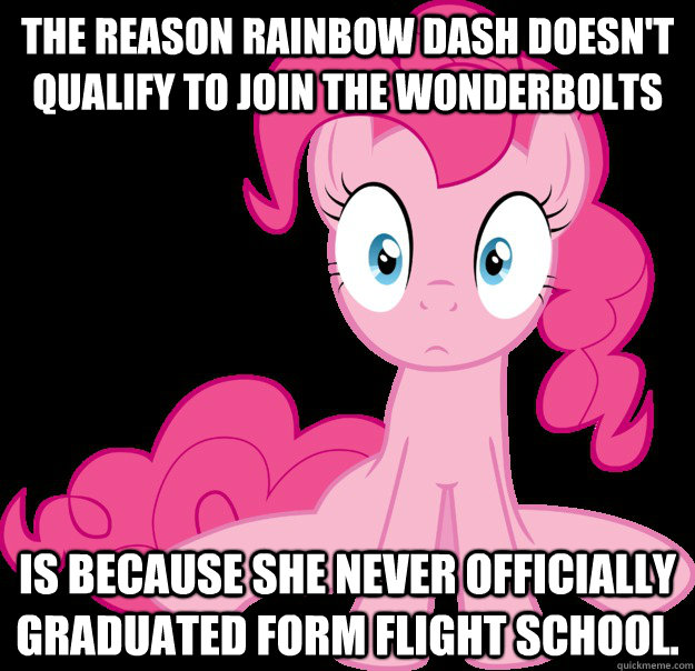 The reason Rainbow Dash doesn't qualify to join the Wonderbolts Is because she never officially graduated form flight school.  