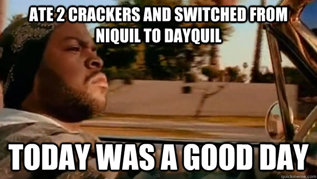 Ate 2 crackers and switched from niquil to dayquil Today was a good day - Ate 2 crackers and switched from niquil to dayquil Today was a good day  Misc
