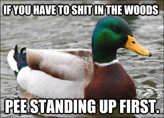 If you have to shit in the woods pee standing up first.  Actual Advice Mallard