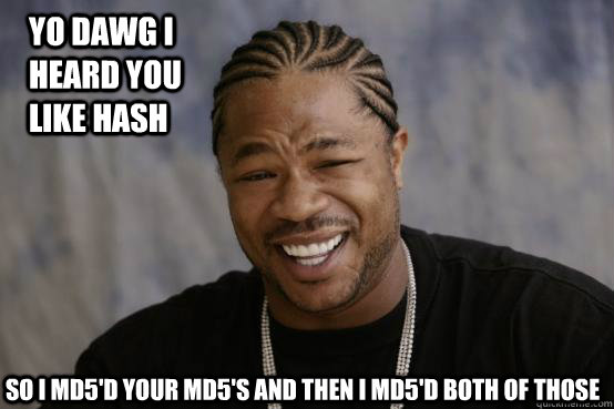 YO DAWG I HEARD YOU LIKE HASH so i md5'd your md5's and then i md5'd both of those  YO DAWG