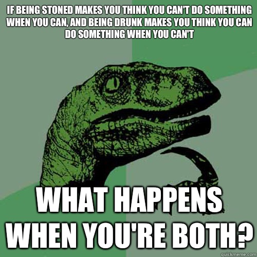If being stoned makes you think you can't do something when you can, and being drunk makes you think you can do something when you can't What happens when you're both?   Philosoraptor