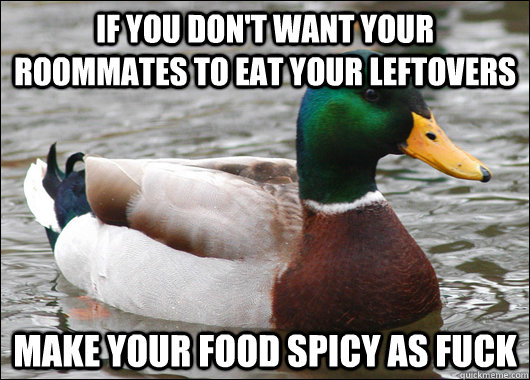 if you don't want your roommates to eat your leftovers make your food spicy as fuck  Actual Advice Mallard