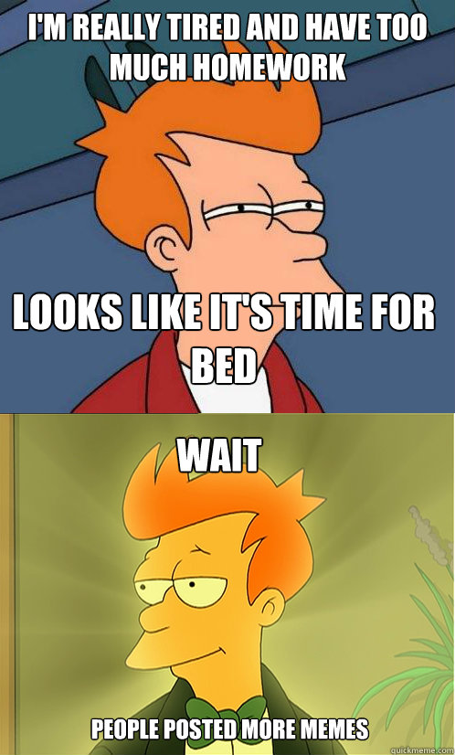 I'm really tired and have too much homework looks like it's time for bed wait people posted more memes  Enlightened Fry