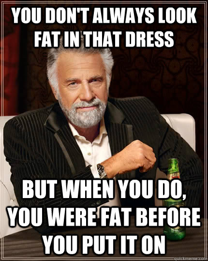 You don't always look fat in that dress but when you do, you were fat before you put it on  The Most Interesting Man In The World