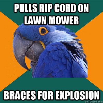 pulls rip cord on lawn mower braces for explosion  Paranoid Parrot